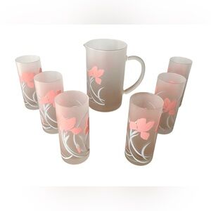 1980’s Cerve Italy Pitcher With 6 Matching Glasses, Pink Lilies